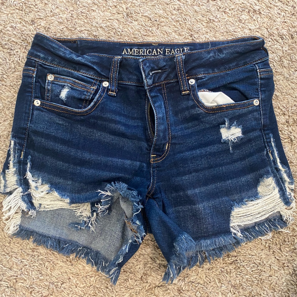 American Eagle Outfitters Dark Blue Distressed MIDI Jean Shorts, Sz 8